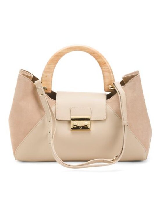 Claudia Handbags - CLAUDIA Made In Italy Suede East West Satchel With Wood Handle